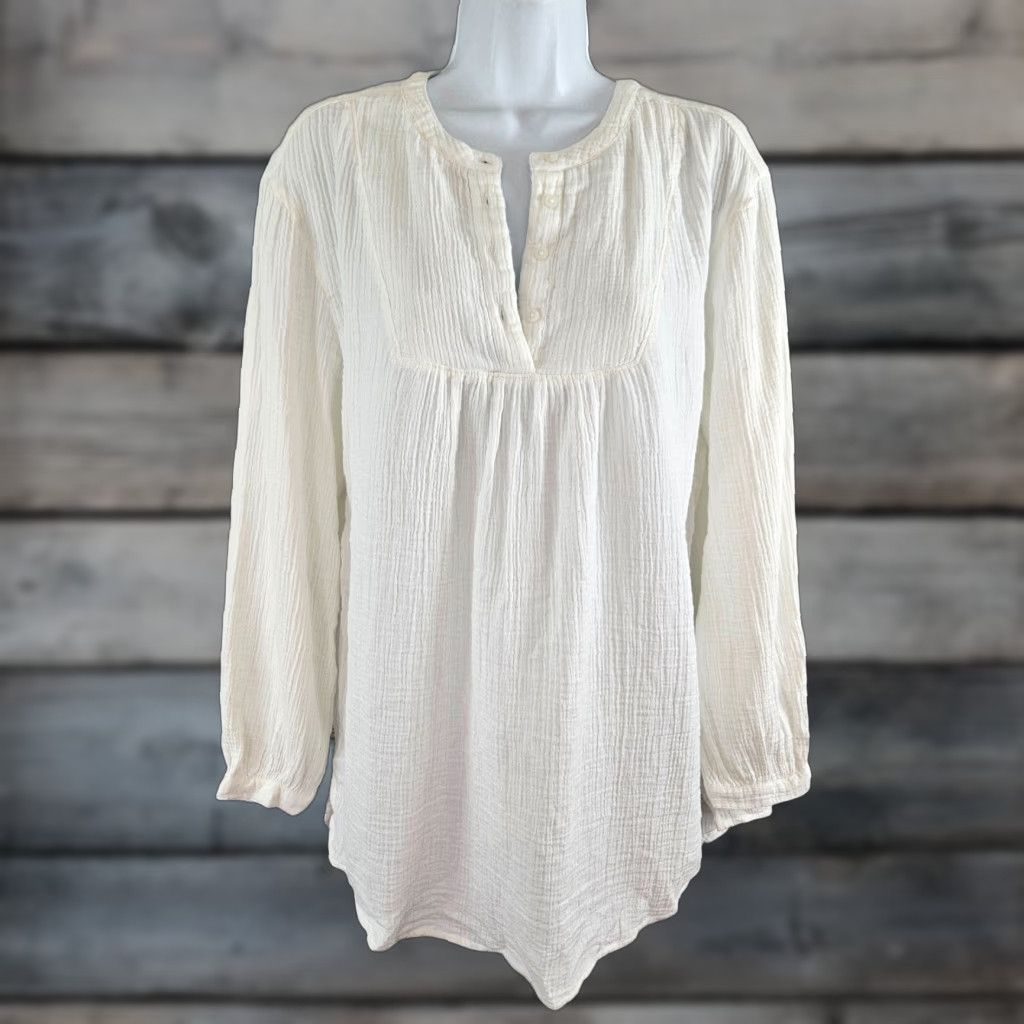 Market Market & Spruce Womens Blouse Shirt Long Sleeve Cotton White Medium Gauze Solid Ladies Womens Size M / US 6-8 / IT 42-44 - 1 Thumbnail