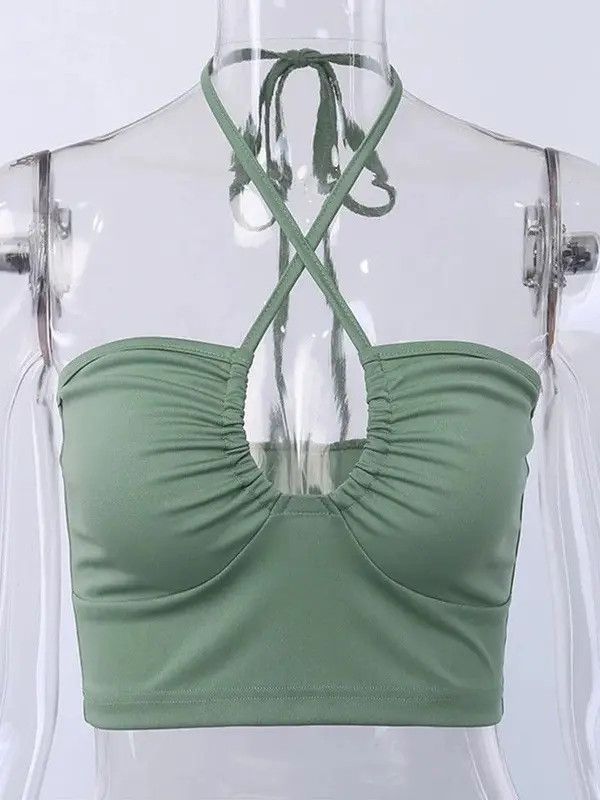 Other Solid Lace Up Bow Halter Ruched Crop Top Size ONE SIZE - 2 Thumbnail