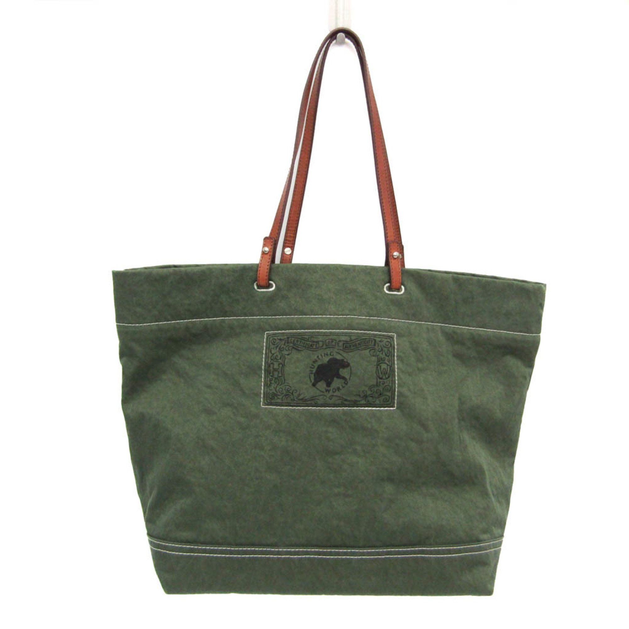 Hunting World Logo Women's Leather,nylon Canvas Tote Bag Brown,dark Green
