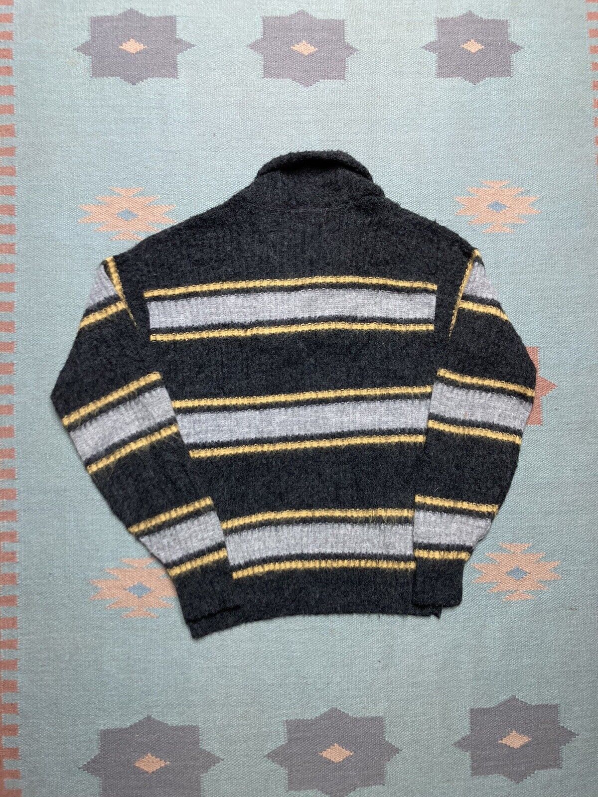 Vintage 60s acrylic sweater shawl collar shag hairy mohair stripe M Size US M / EU 48-50 / 2 - 5 Thumbnail