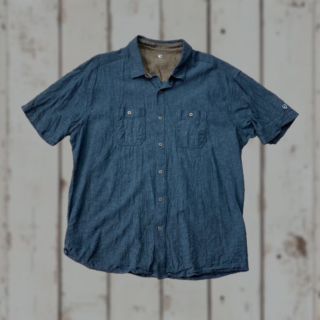 Vintage KUHL Mens 2XL Blue Linen Blend Short Sleeve Button Down Shirt Hiking Camp Casual Plaid Button-Up Shirt Size US XXL / EU 58 / 5 - 1 Thumbnail