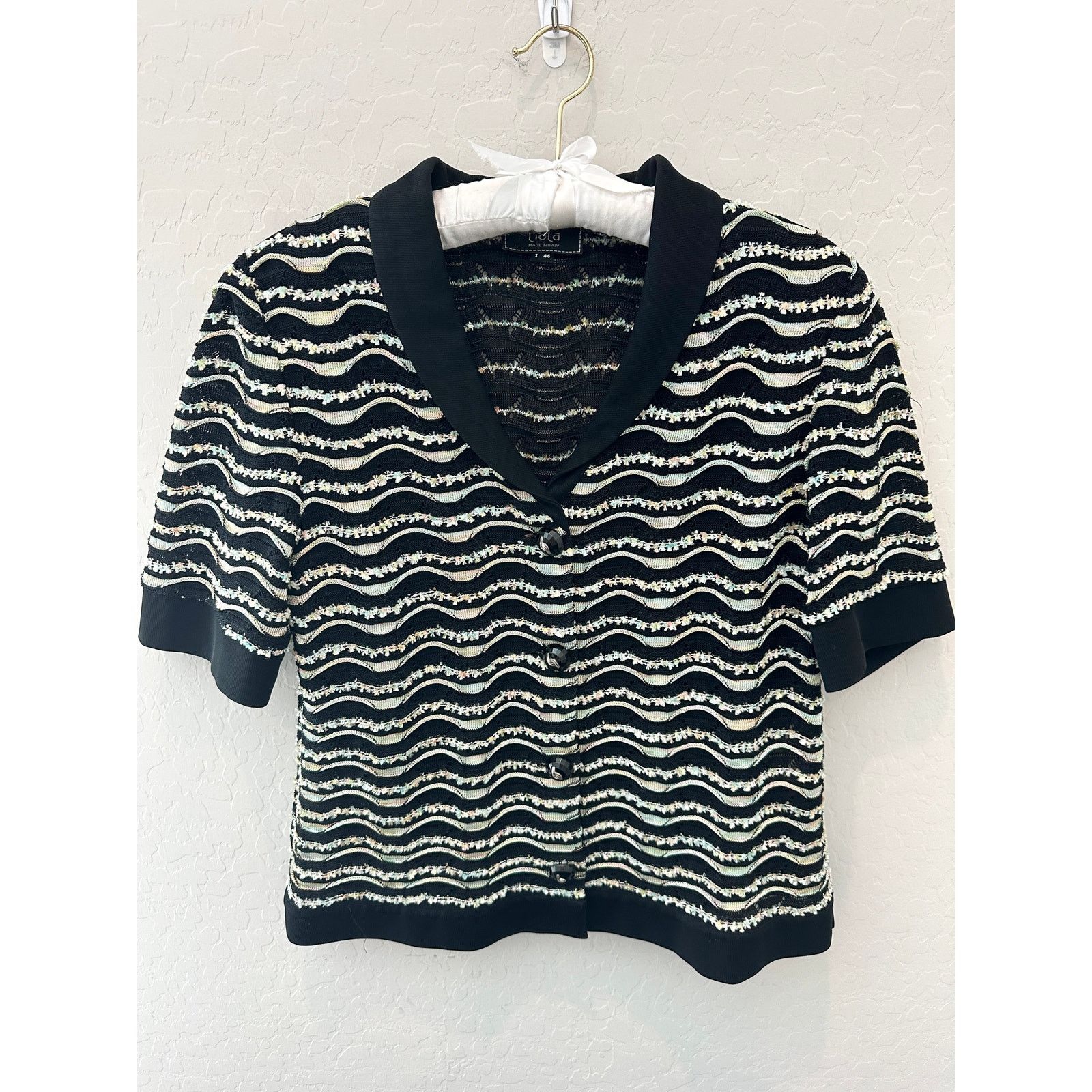 Vintage LIOLA | Vintage Black Striped Polo Short Sleeve Cardigan Top Size L / US 10 / IT 46 - 1 Thumbnail
