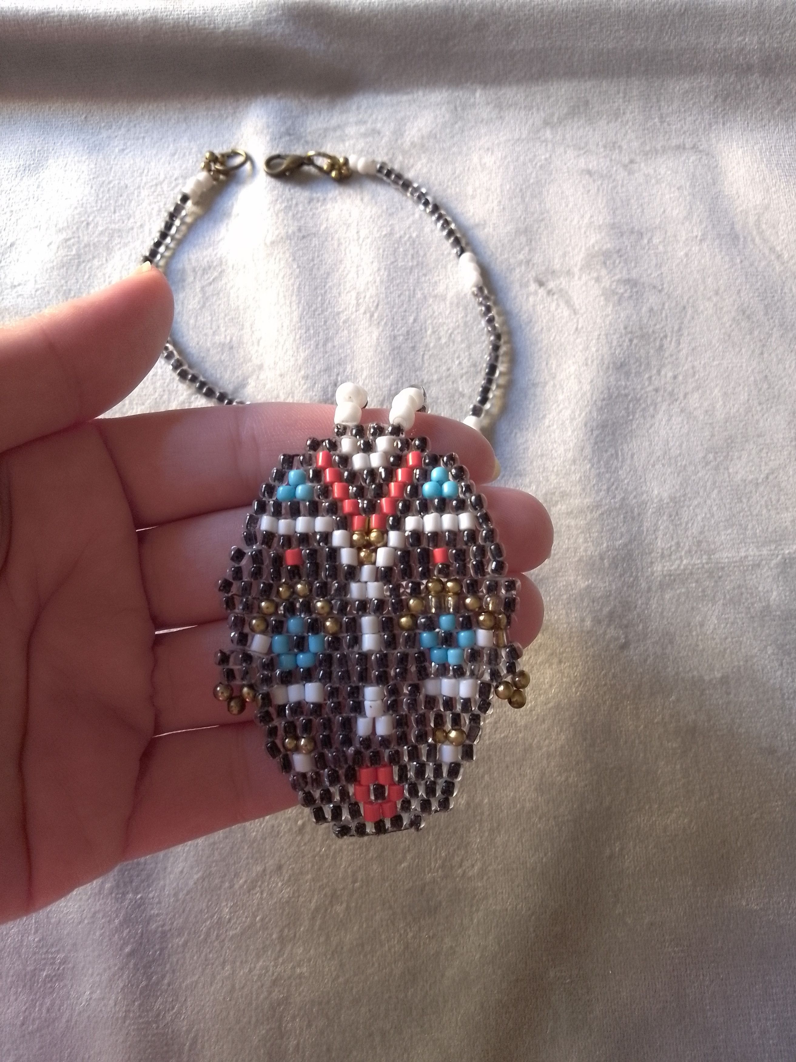 Handmade Black beaded necklace Tribal woman face pendant Size ONE SIZE - 2 Thumbnail