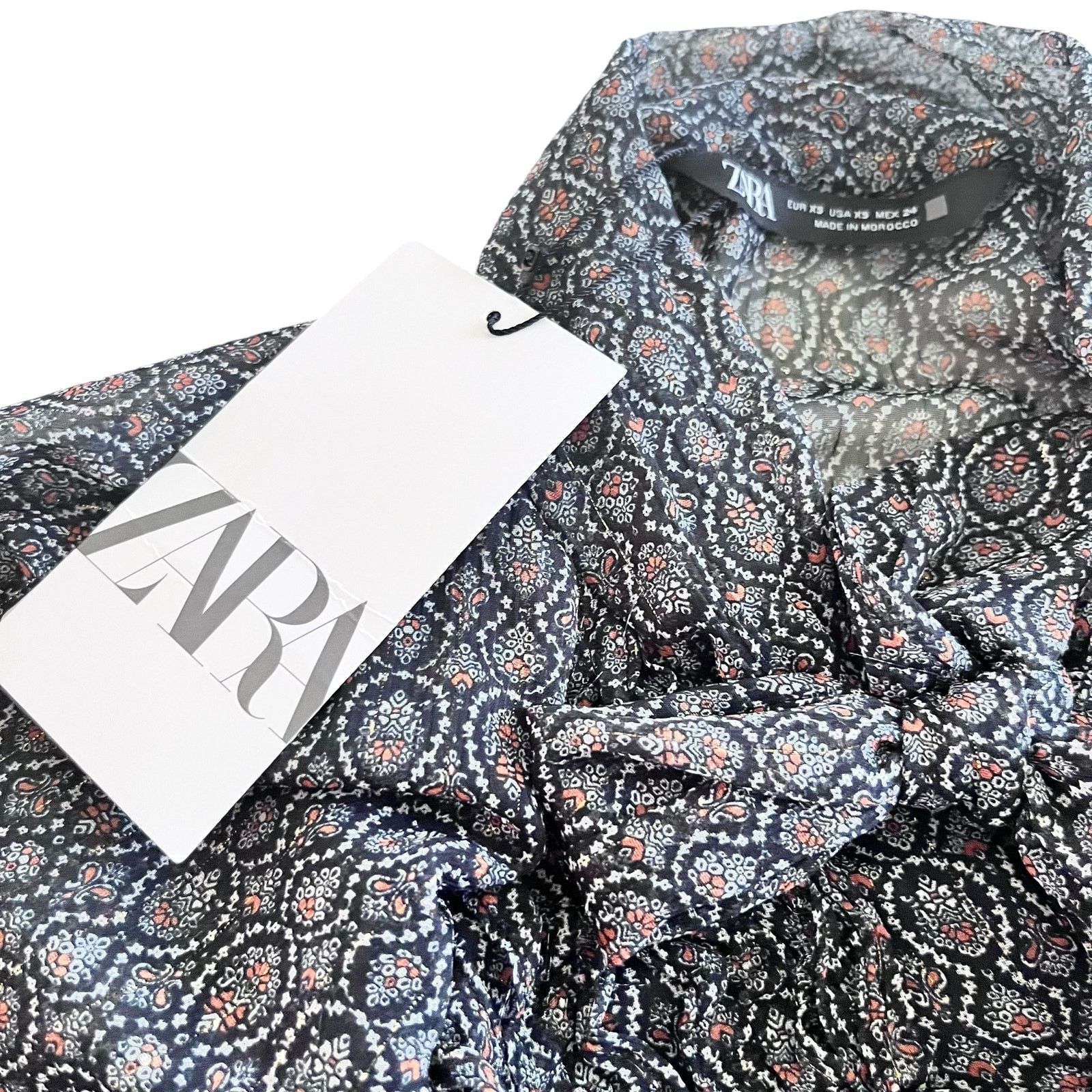 Zara Zara Black Printed Chiffon Tie Neck Sheer Romper NWT Size XS / US 0-2 / IT 36-38 - 6 Thumbnail