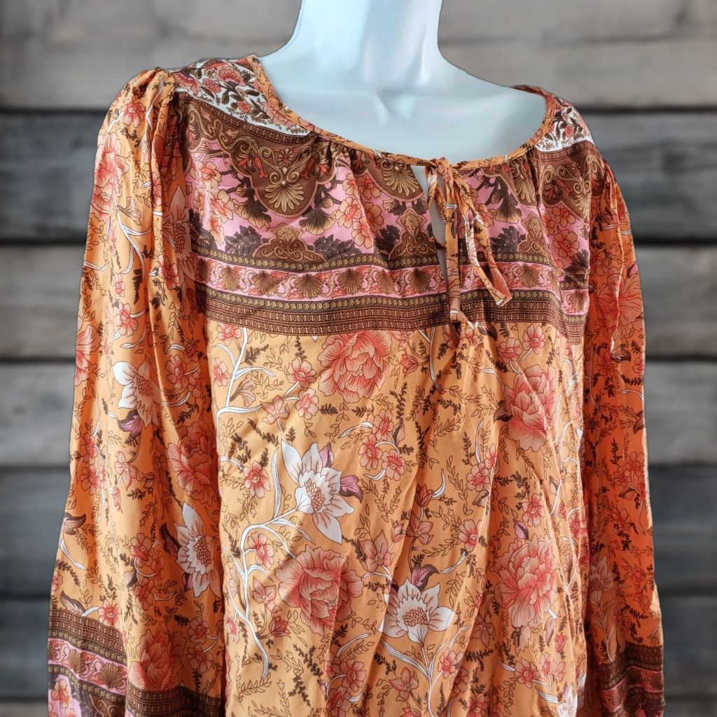 Vintage UMGEE Womens Top Sz Medium Orange Floral Long Sleeve Rayon Blouse Shirt VINTAGE? (No) Size M / US 6-8 / IT 42-44 - 1 Thumbnail