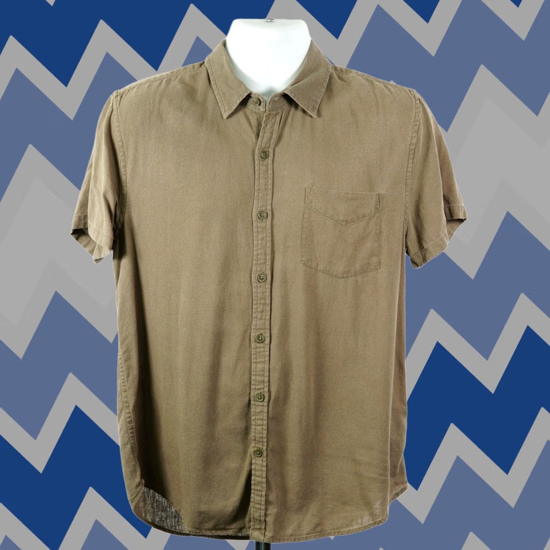 Lucky Brand Shirt Mens Medium Green Short Sleeve Linen Viscose Collared Dress, Men's (Size 40r)