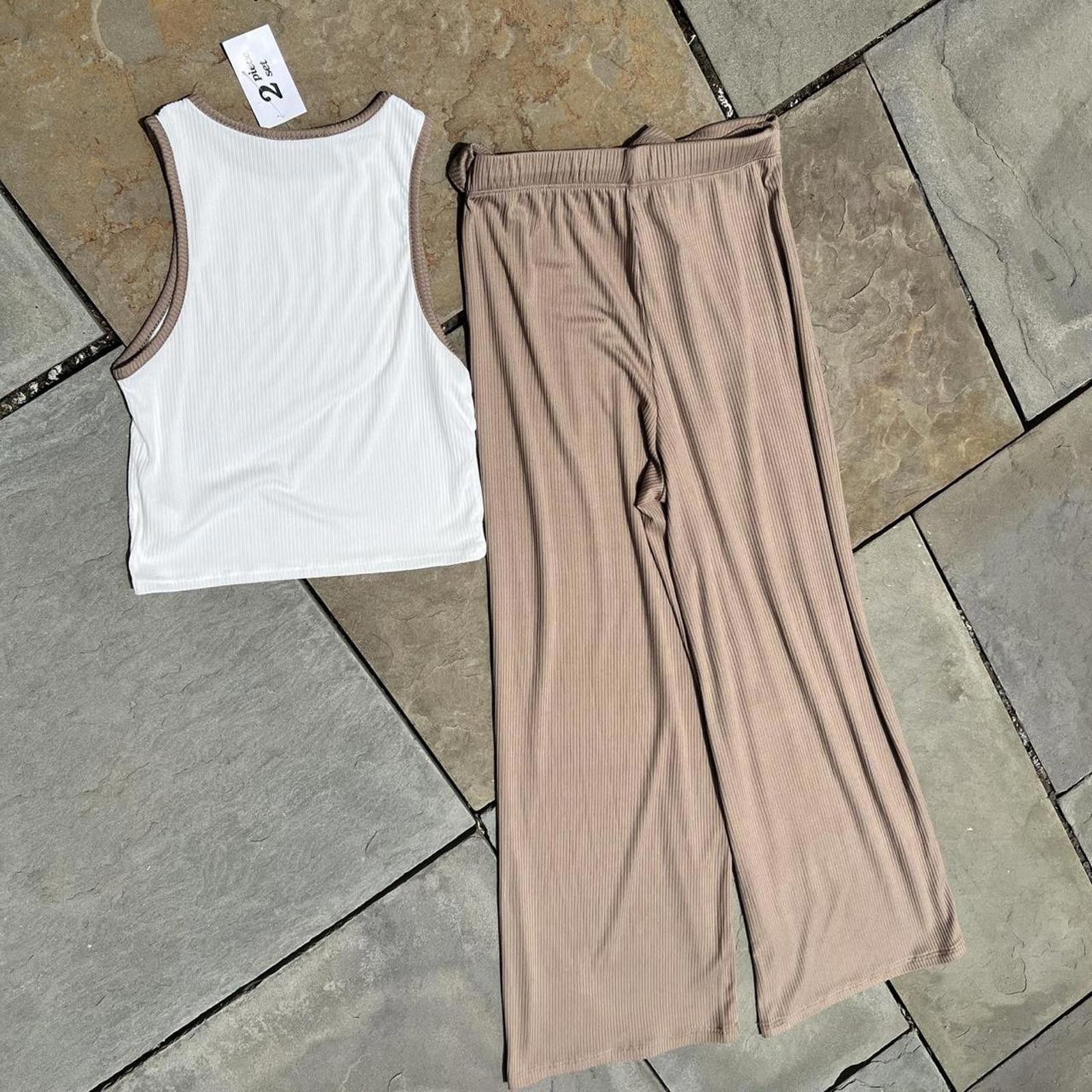 Other NWT 2 Piece White/Brown Tank Top + Flowy Pants Made in USA Size 32" / US 10 / IT 46 - 5 Thumbnail