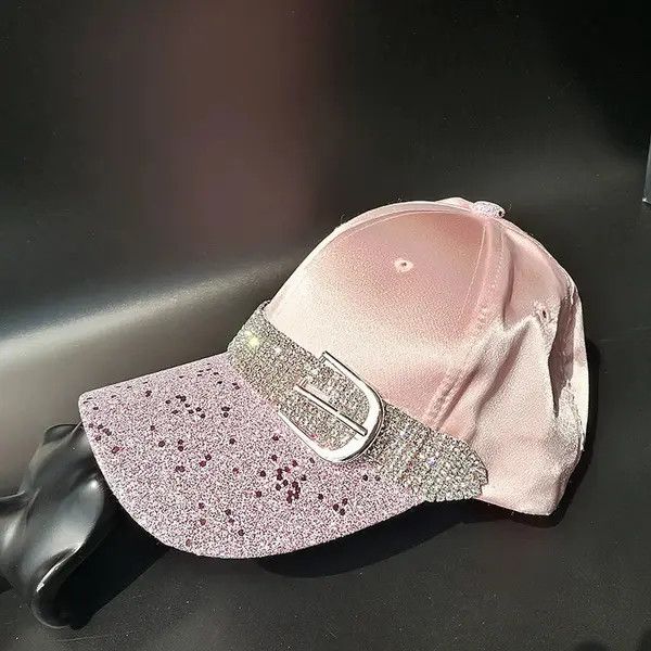 Jewelry Pink Satin Glitter Baseball Cap with Rhinestone Belt Size ONE SIZE - 5 Thumbnail