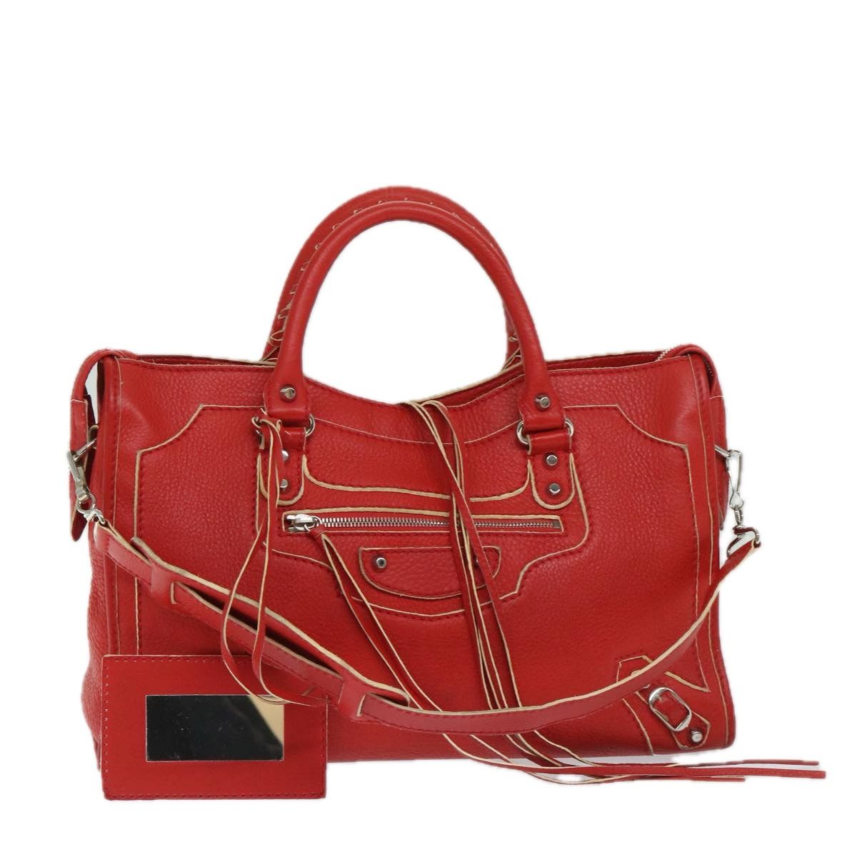 image of Balenciaga City Hand Bag Leather 2Way Red 115748 Auth Bs12559, Women's