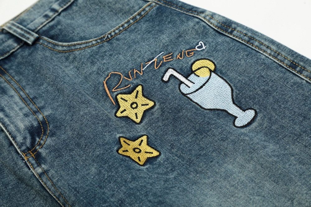 Jean Men's cartoon embroidered washed straight jeans Size US 32 / EU 48 - 4 Thumbnail