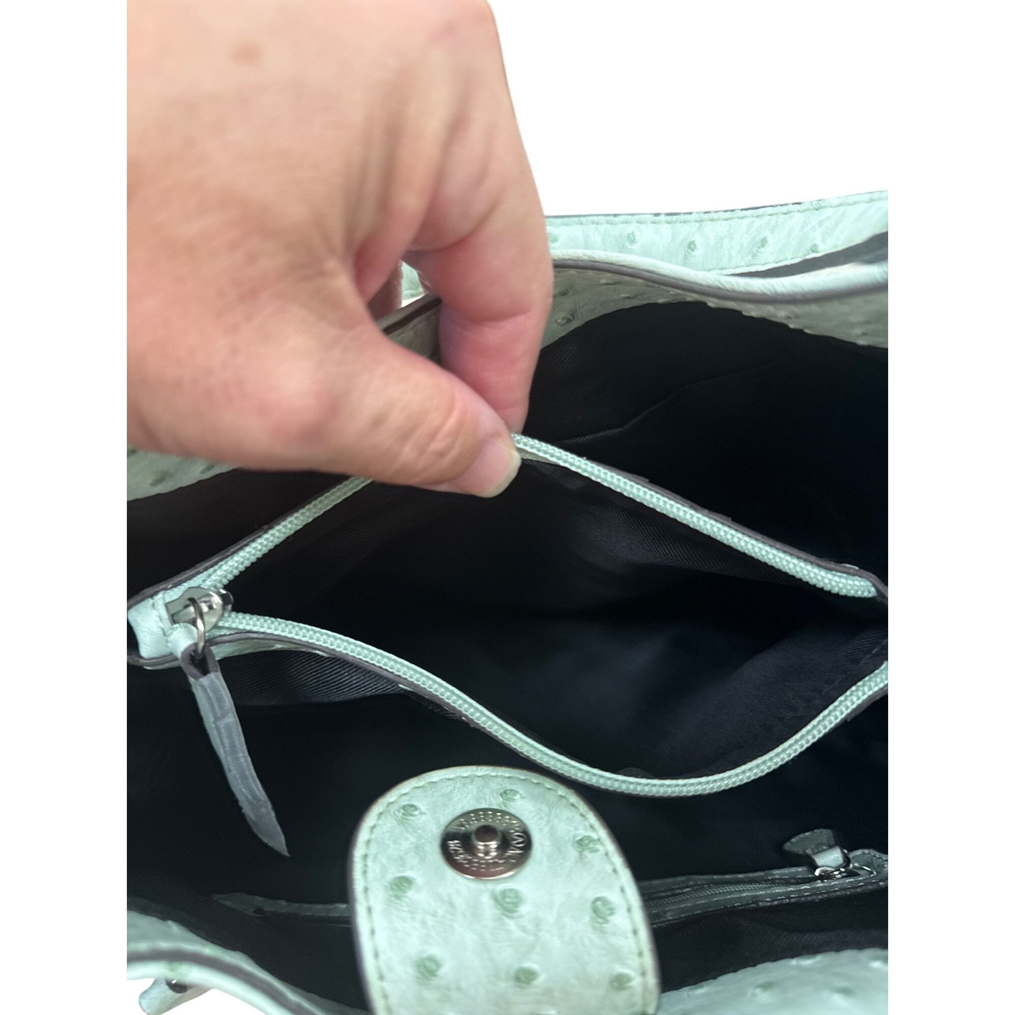 Designer Mondani NY Womens Mint Green Ostrich-Embossed Handbag Purse Size ONE SIZE - 10 Thumbnail