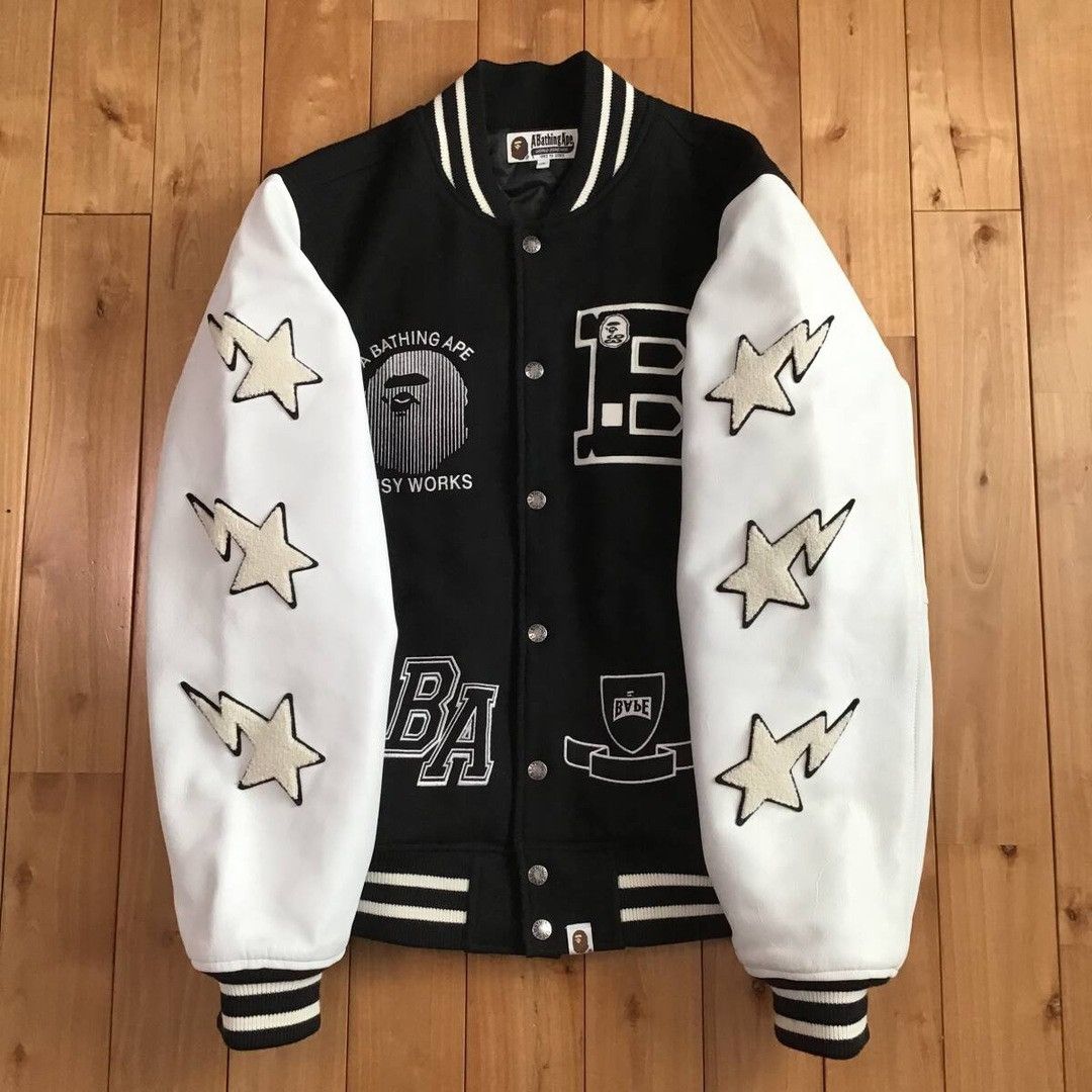 Bape Leather Sleeve Varsity Jacket BAPE STA LOGO a bathing ape Size US XL / EU 56 / 4 - 1 Thumbnail