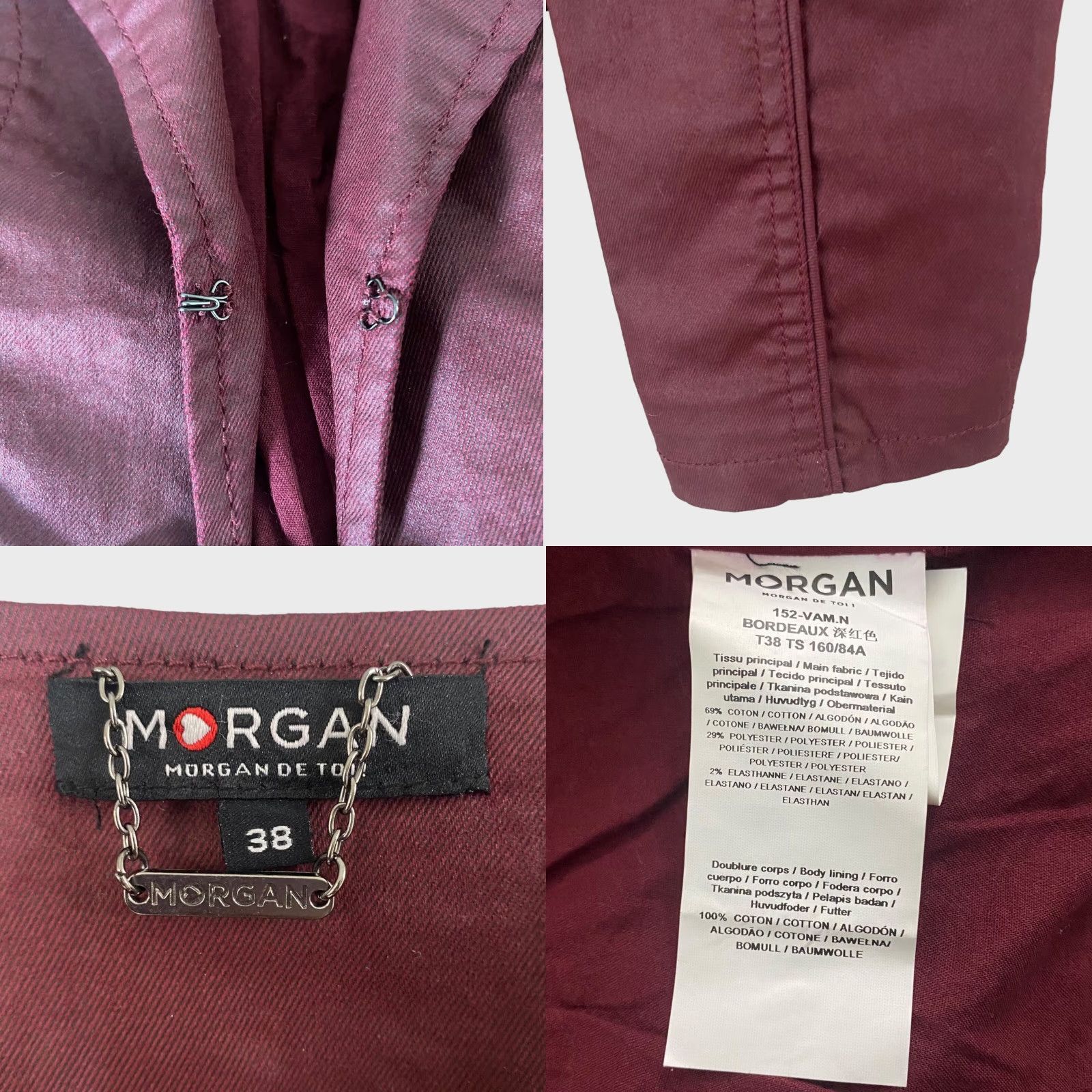 Morgan De Toi VINTAGE Morgan Studded Moto Blazer Jacket Women's 38 Burgundy Red Waxed Long Sleeve Jacket Zipped Pockets Motorcycle Theme Mens Womens Girls Size XS / US 0-2 / IT 36-38 - 8 Thumbnail