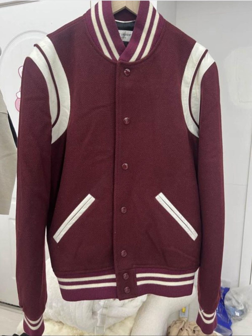Saint Laurent Paris Saint Laurent Burgundy Varsity Bomber Jacket Size S Size US S / EU 44-46 / 1 - 1 Thumbnail