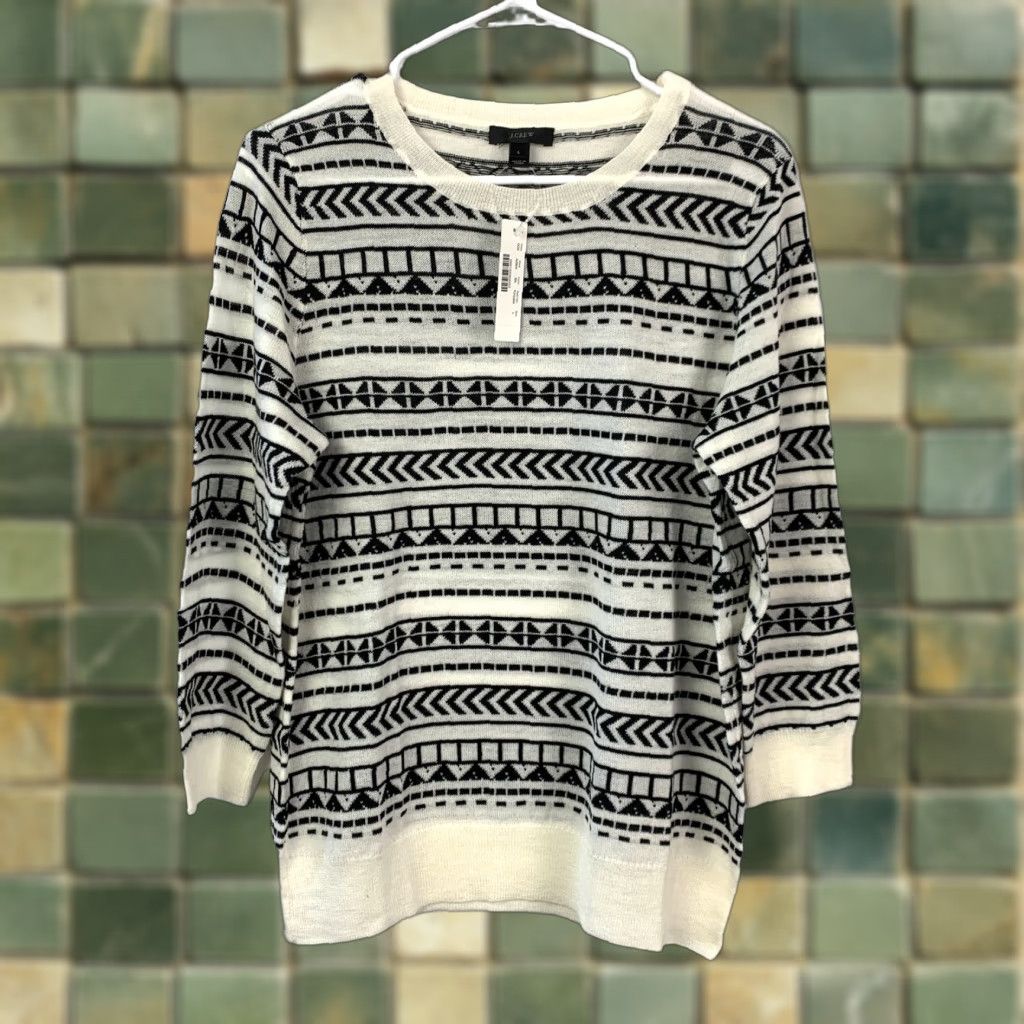 J.Crew J.Crew Sweater 3/4 Sleeve Ivory Black Merino Wool Fair Isle Crewneck L NWT Women Pullover Lightweight Knitted Patterned Knit Casual Business Casual Size L / US 10 / IT 46 - 1 Thumbnail