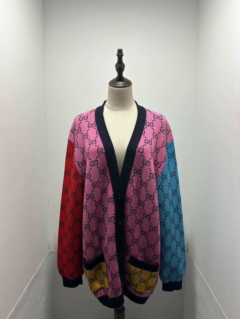 Gucci Double G full-print colour-blocked wool cardigan coa