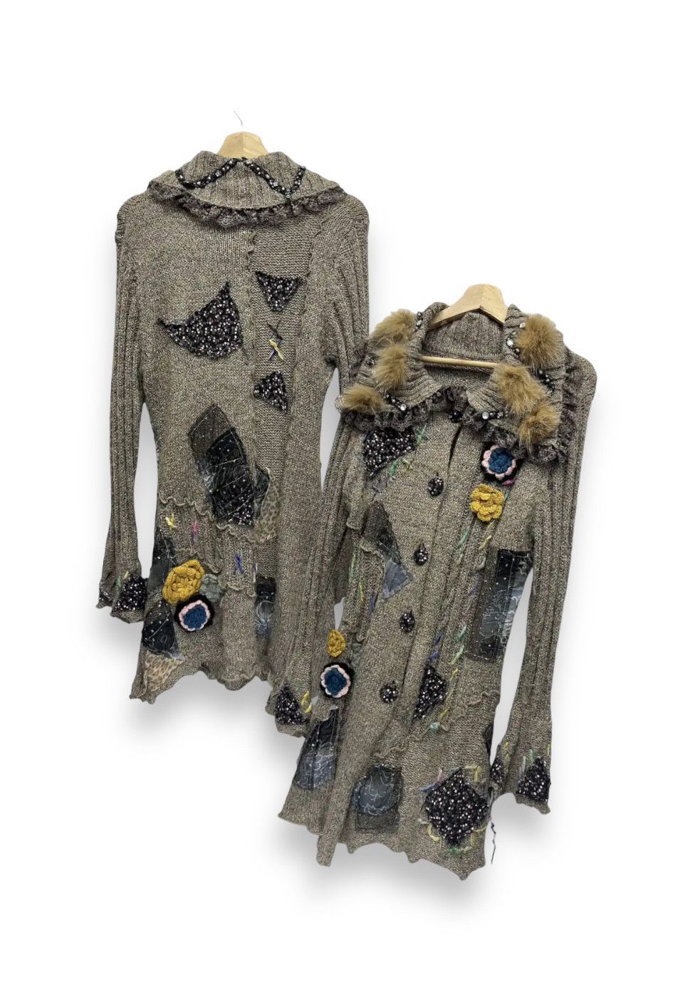image of Aran Isles Knitwear x Vintage Acrylic Wool Art Patchwork Designer Knitwear in Light Brown, Women's 