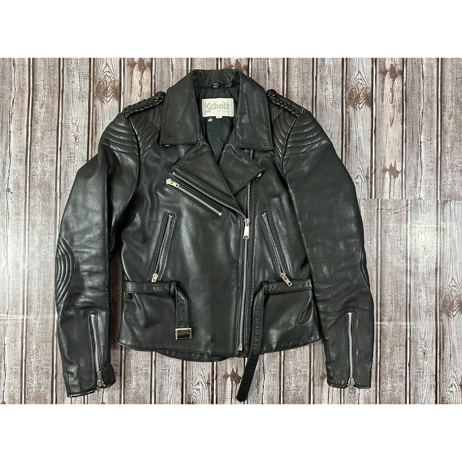 Schott Biker Riders Leather Jacket color Black size 8