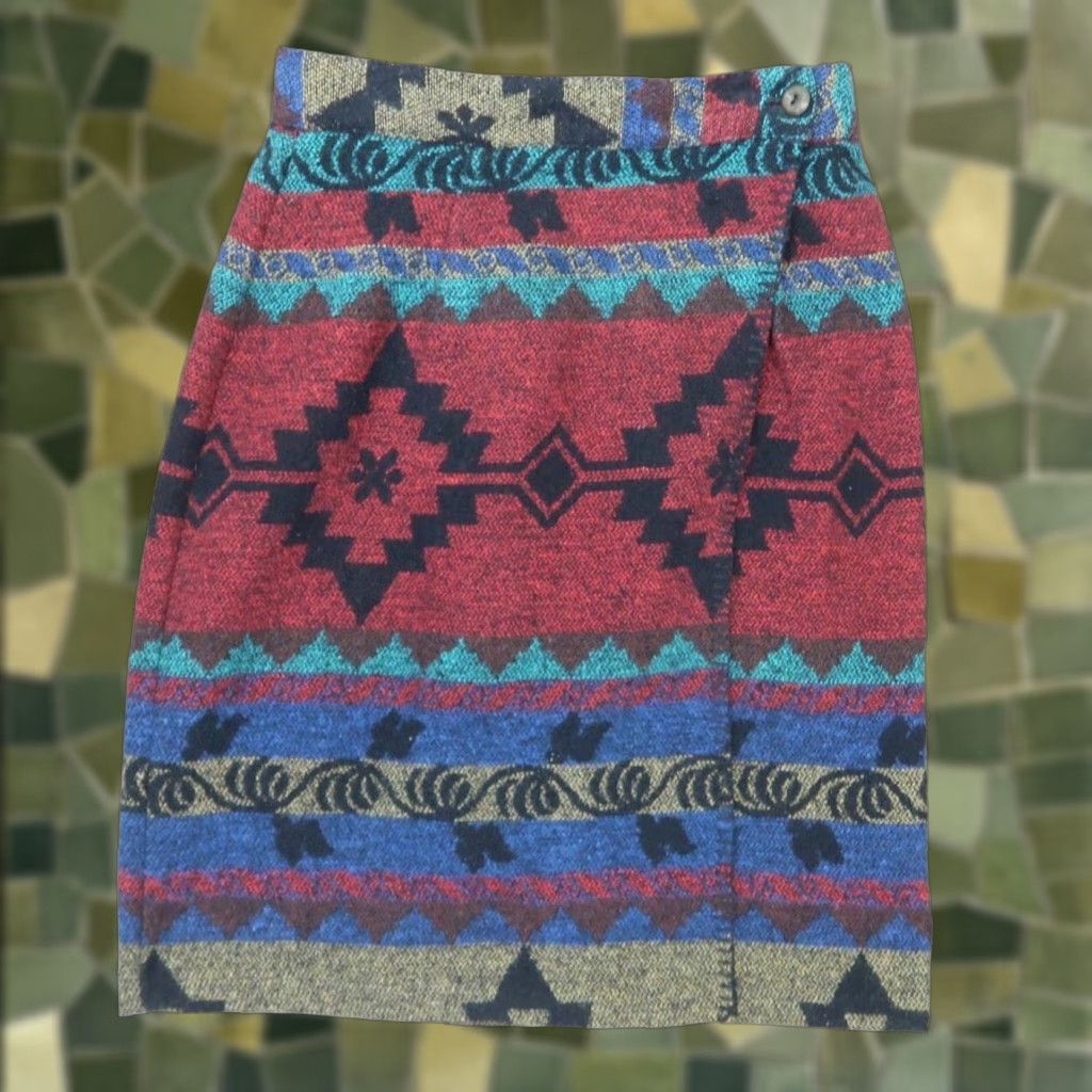 Vintage VINTAGE 80s Geometric Knit Mini Wrap Skirt Red Blue Geometric Print 6 Womens Skirt Size 28" / US 6 / IT 42 - 1 Thumbnail