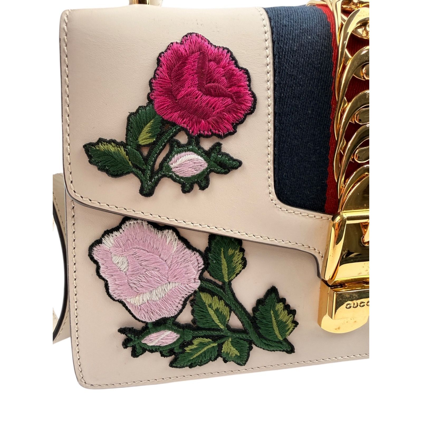 Gucci GUCCI Sylvie Embroidered Floral Shoulder Bag in White Size ONE SIZE - 9 Thumbnail