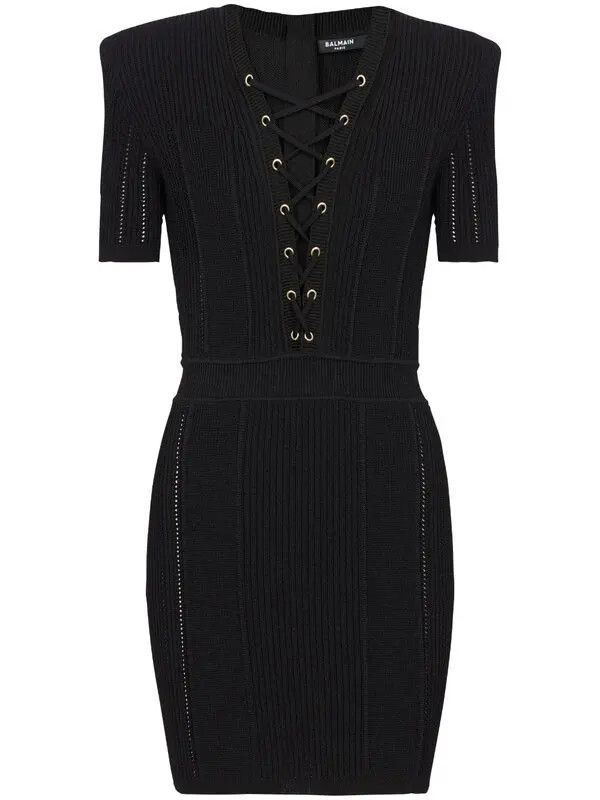 o1s1wg110825 V-Neck Lace Up Mini Dress in Black