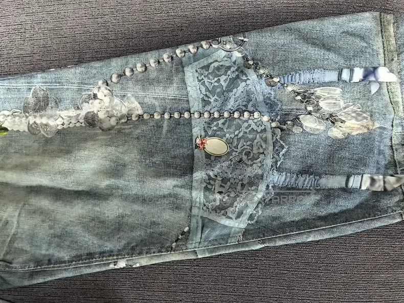 Acne Studios Acne Studios Denim Pants with Lace, Pearl Chain & 3D Print Size US 30 / EU 46 - 3 Thumbnail