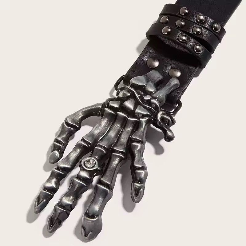 Japanese Brand Y2K Grunge Punk Rock Black Studded Belt Skaleton Buckle Size ONE SIZE - 3 Thumbnail