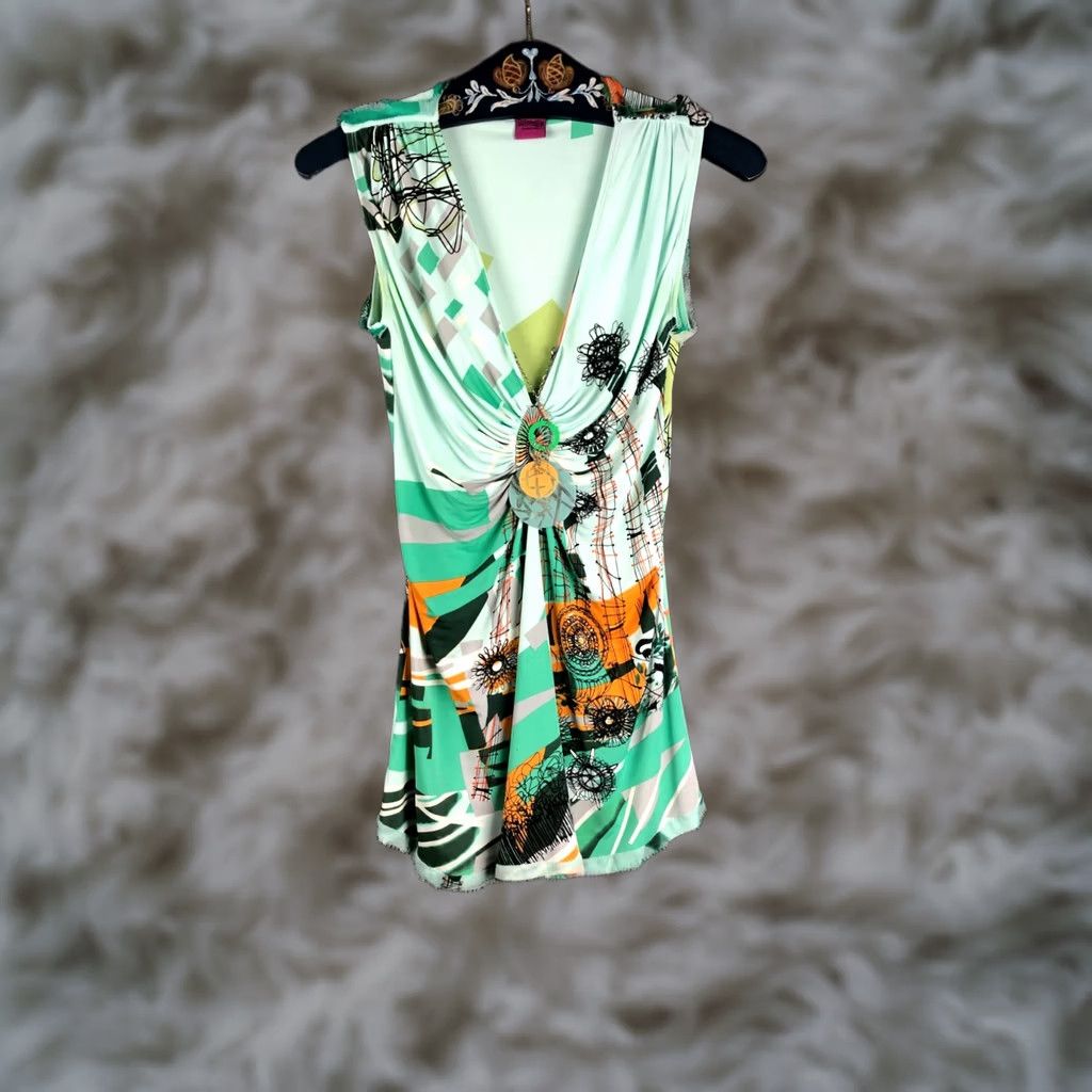 Vintage Save the Queen Blouse Sleeveless Top S Green Womens Jersey Viscose Silk Elastane Size S / US 4 / IT 40 - 1 Thumbnail