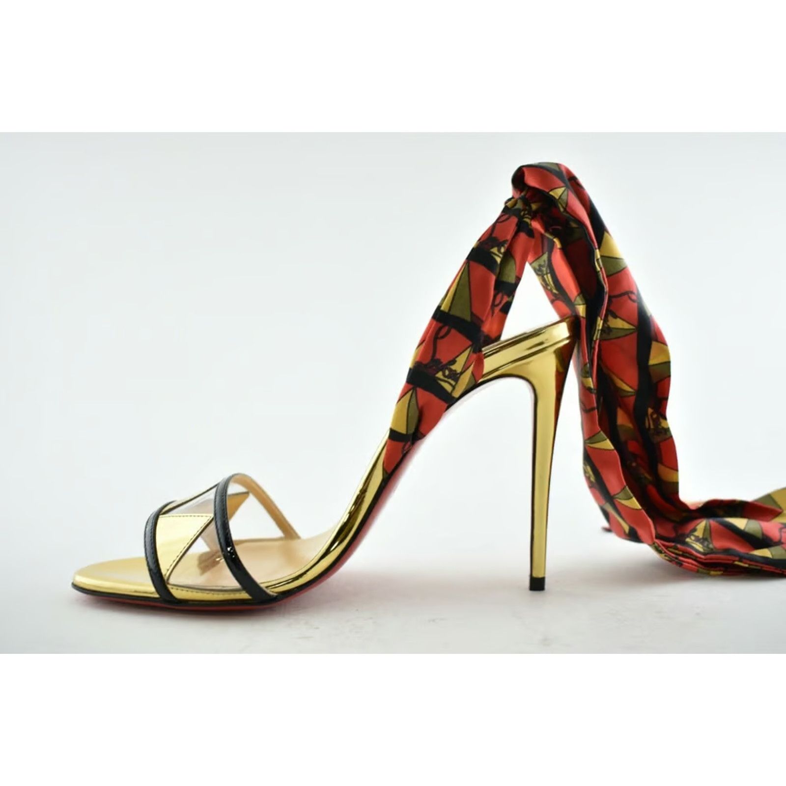 Christian Louboutin Baigneuse 100 Black Gold Red Lace Up Sandal Heel Pump 37.5 Size US 7.5 / IT 37.5 - 11 Thumbnail