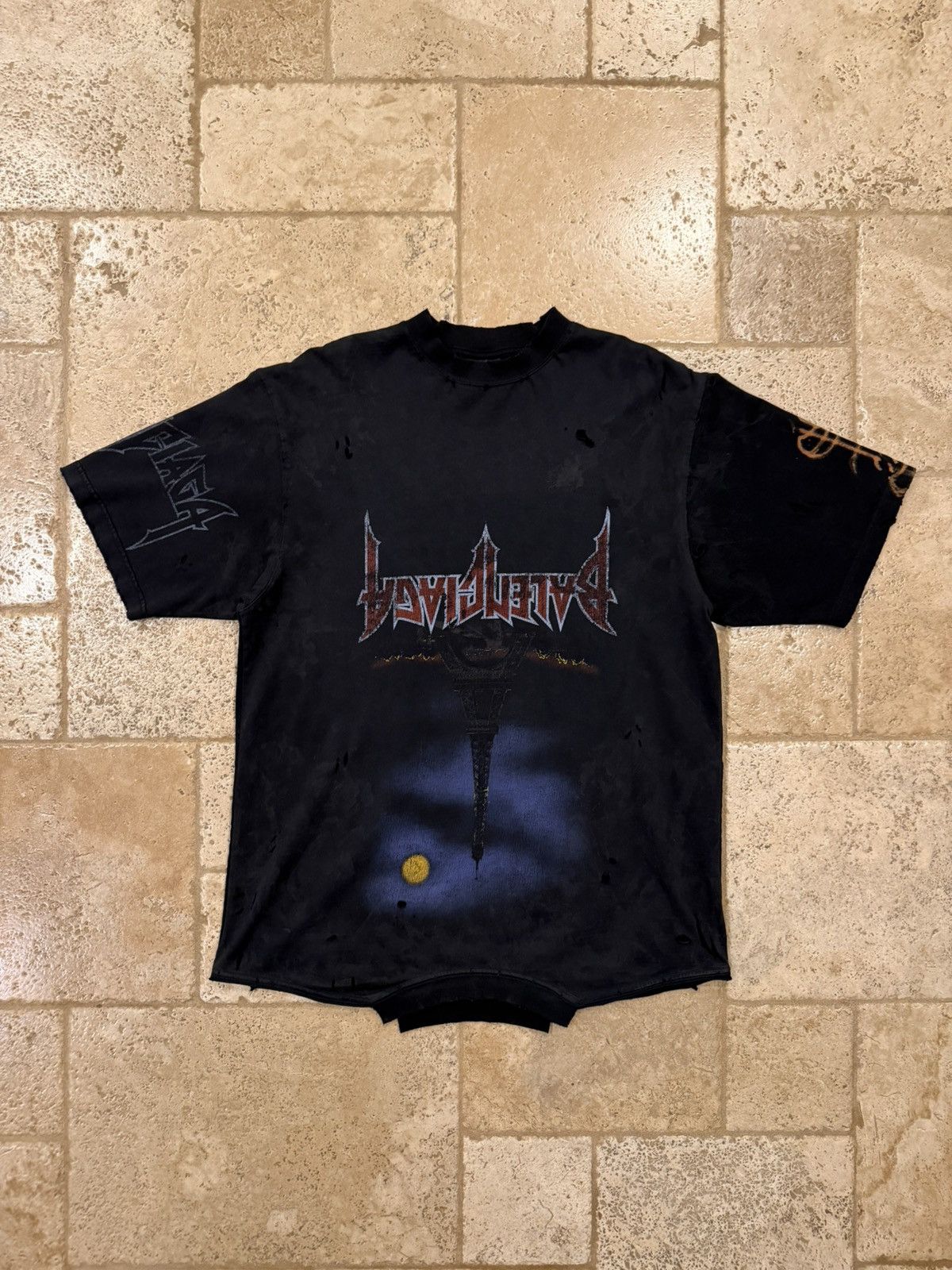 Balenciaga Balenciaga Upside Down Paris Moon Distressed Black T-Shirt Size US XL / EU 56 / 4 - 3 Thumbnail