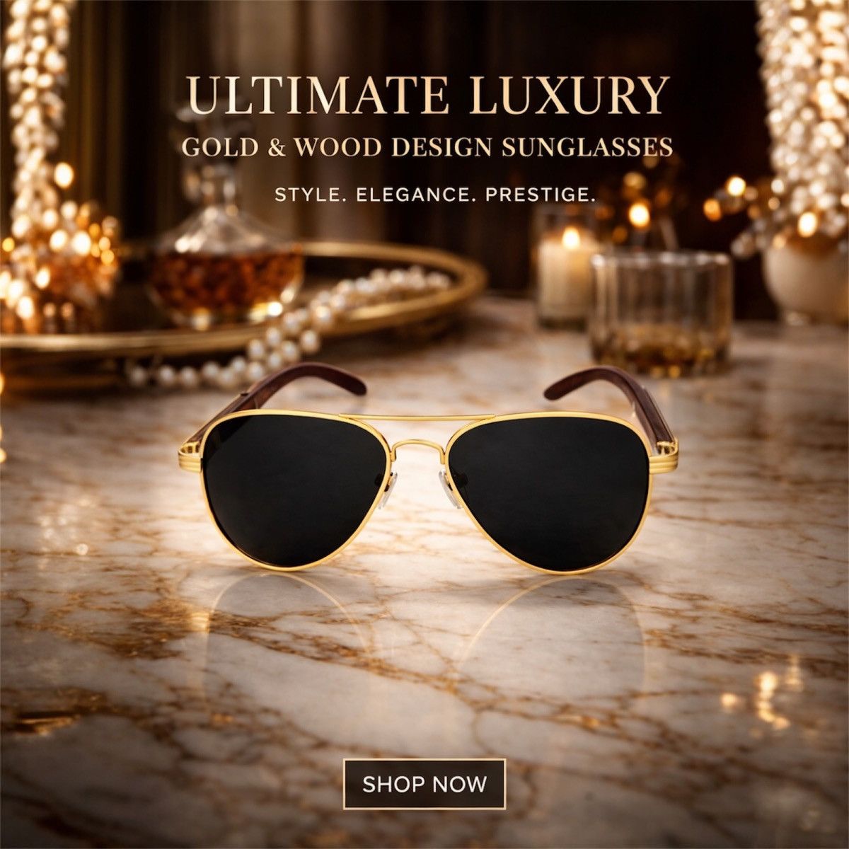 Other Luxury Gold Metal Sunglasses Black Lens Wood Grain Print Arm Size ONE SIZE - 3 Thumbnail