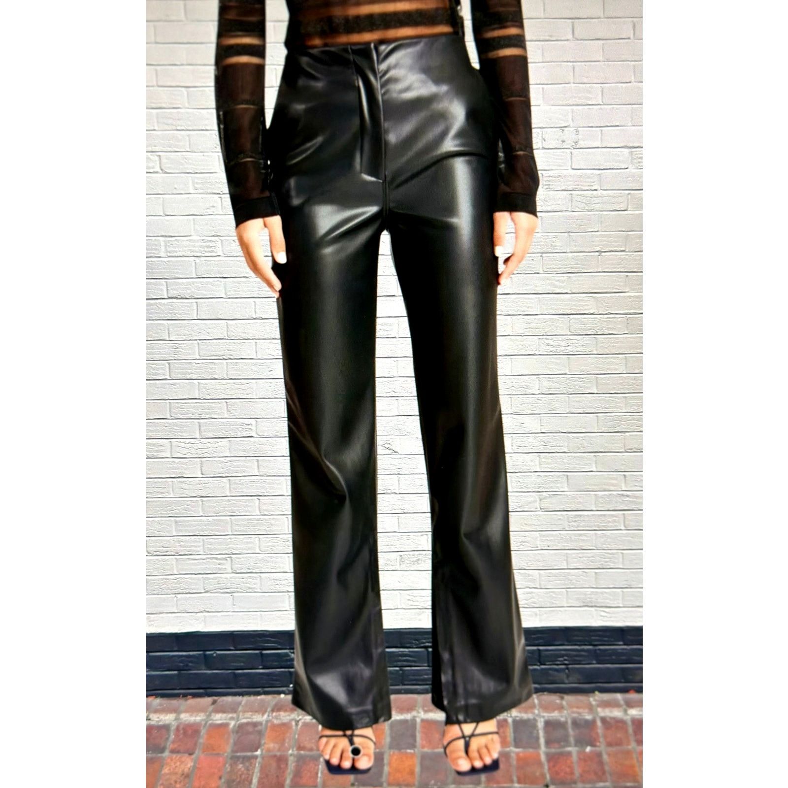 Tanya Taylor Tanya Taylor Adler Faux Leather Pants Bottom Slits Black 18 Size 40" / US 18 - 4 Thumbnail