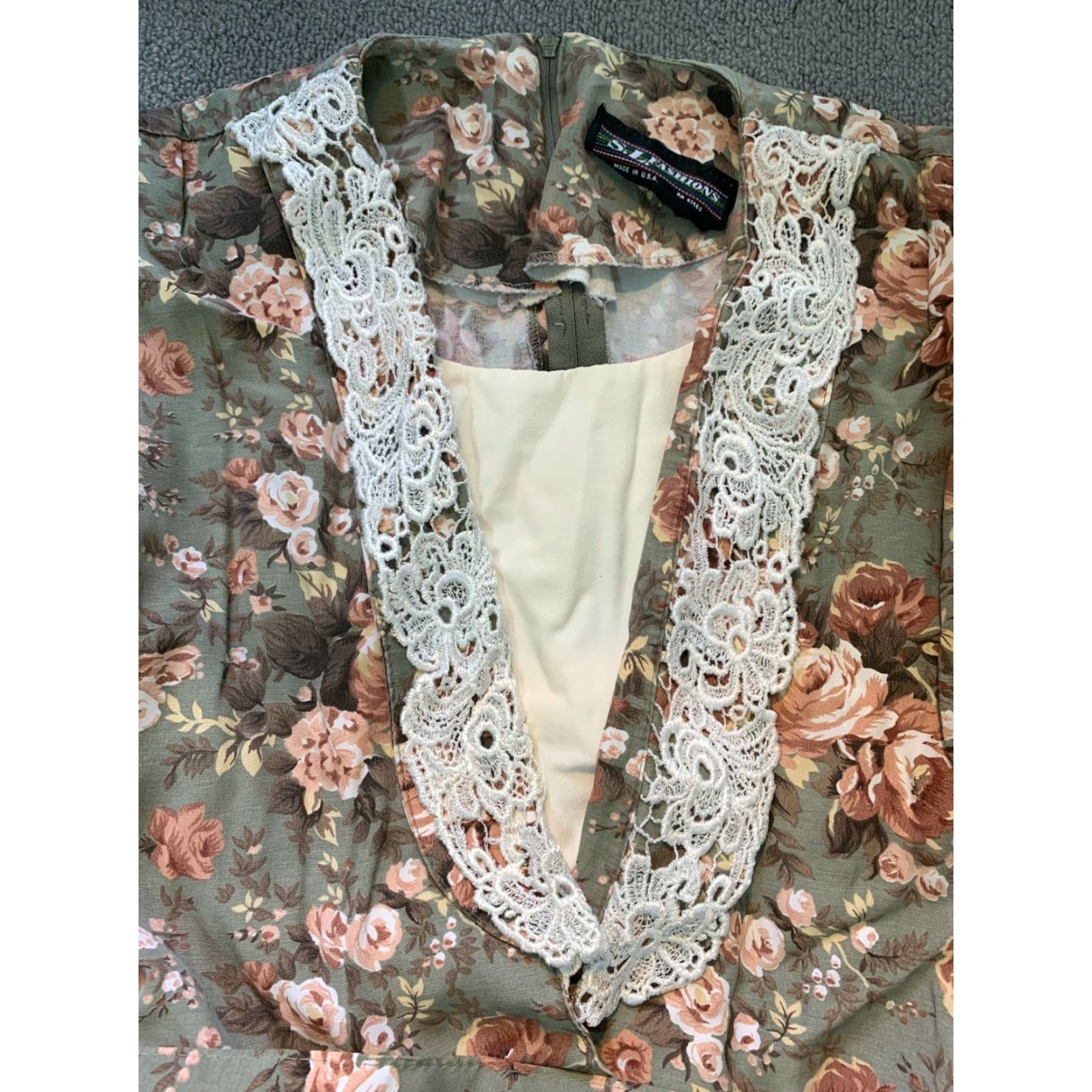 VINTAGE SL FASHIONS Dress Floral Size 10 Long Made in USA Short Sleeve  A-Line Lace