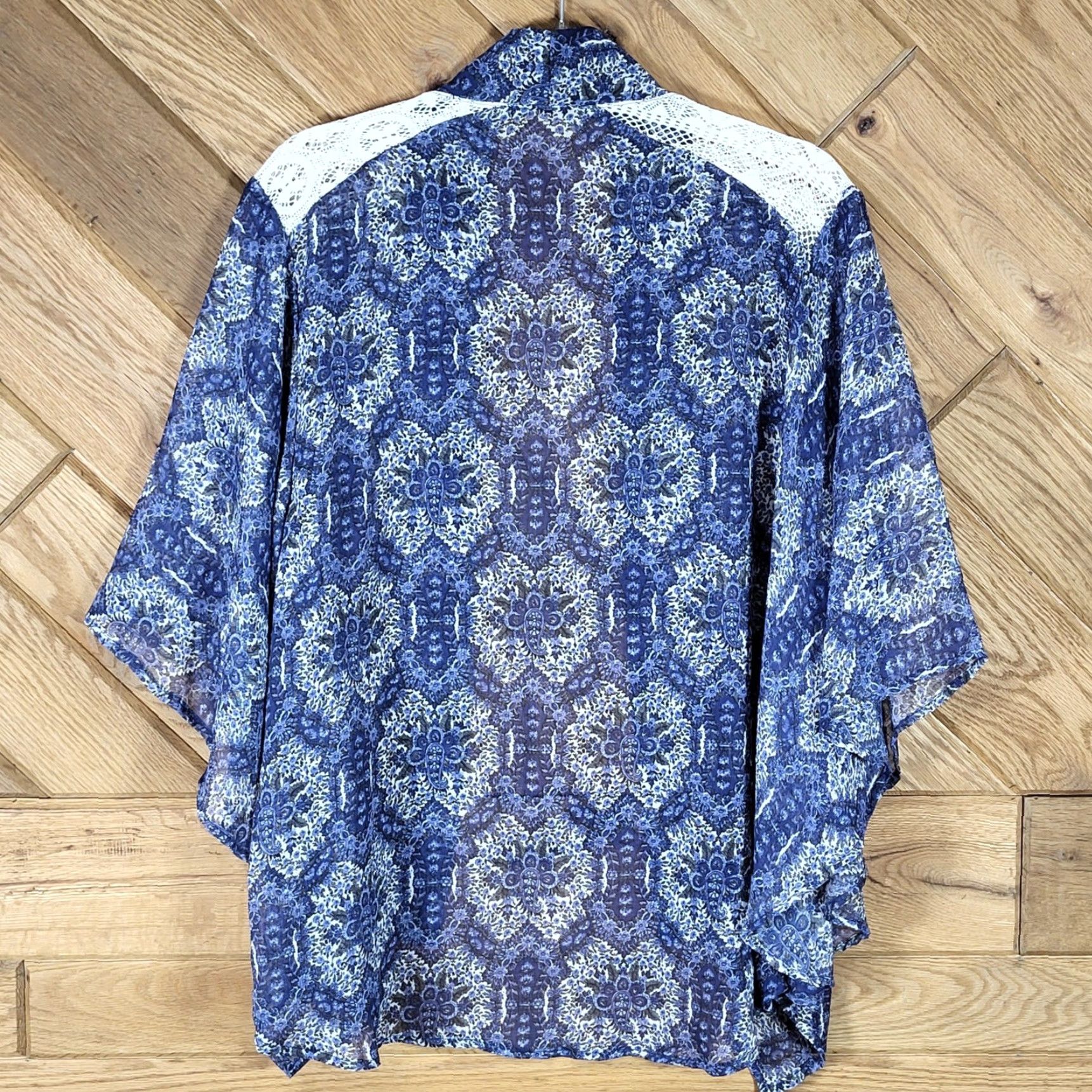 Vintage Skyline Bohemian Kimono Cardigan Women L Paisley Lace Crochet Sheer Blue White Chiffon Polyester Size L / US 10 / IT 46 - 4 Thumbnail