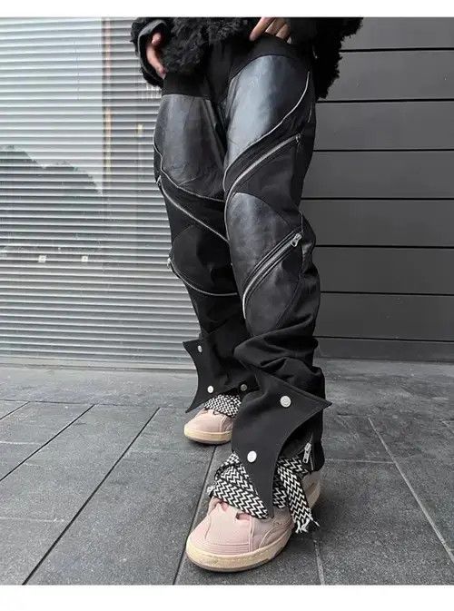 Other Patchwork Faux Multiple Zippers Jeans Trousers Leather Pants Size US 30 / EU 46 - 4 Thumbnail