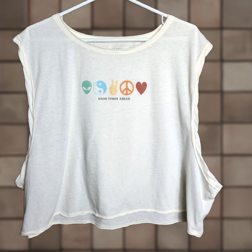 American Eagle Outfitters American Eagle Outfitters Womens Good Times Ahead Ivory Sleeveless Boxy Crop Tee XXL | Plus Size | T-Shirt | Beach, Bohemian, Hippie, Festival | Ivory Size XXL / US 16-18 / IT 52-54 - 1 Thumbnail