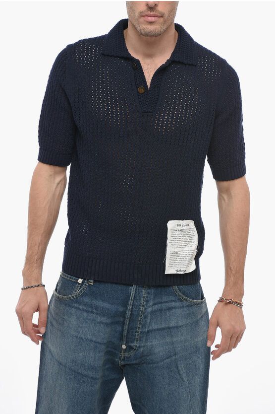 image of Ballantyne Raw Diamond Polo Collar Openwork Sweater in Blue, Men's (Size Large)