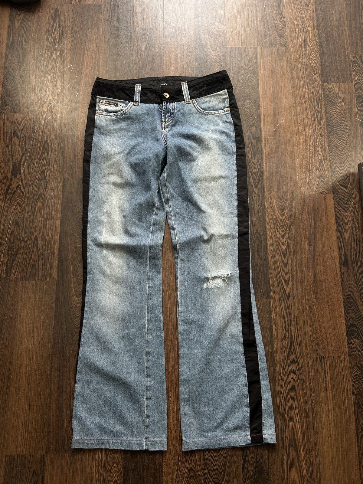 Dolce & Gabbana × Le Grande Bleu (L.G.B.) × Seditionaries 2000s D&G Distressed Flared Bootcut Denim Pants y2k style Size US 29 - 1 Thumbnail