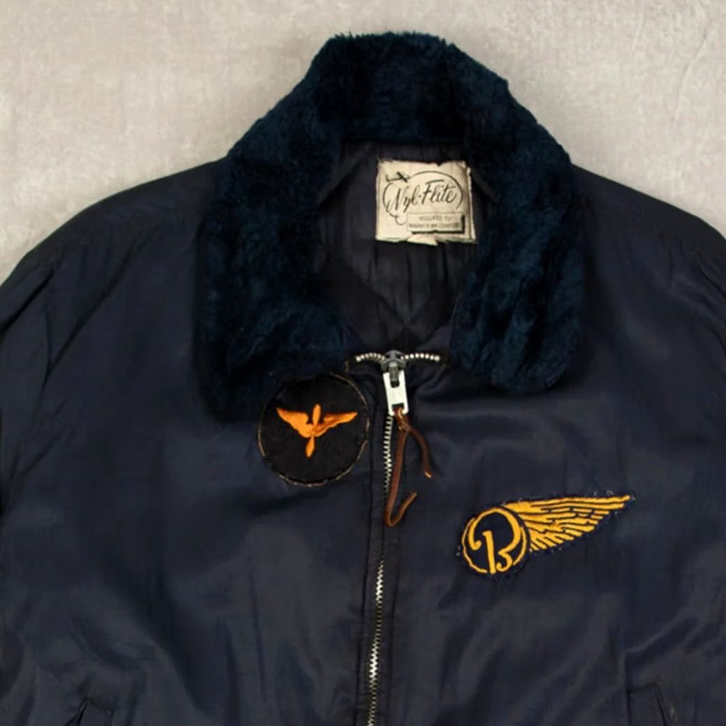 Vintage VINTAGE Sherpa Collared Aircraft Bomber Jacket Navy Blue M Men's Wool? Nylon? (Note: Original includes Nylon shell, Polyester lining) Size US M / EU 48-50 / 2 - 3 Thumbnail