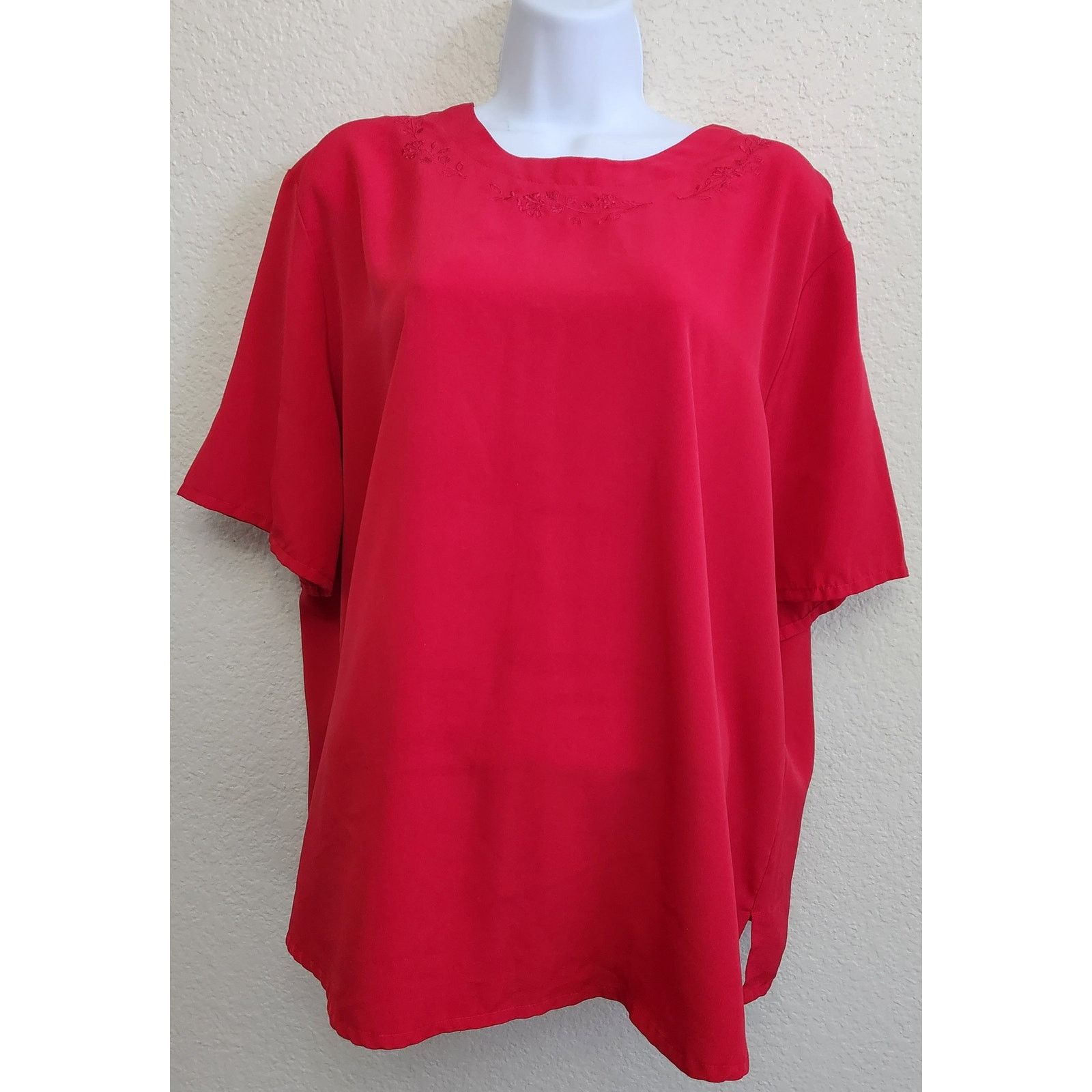 Other Modern Essentials Red Embroidered Neckline Top 20W Plus Size 3XL / US 20-22 - 1 Thumbnail