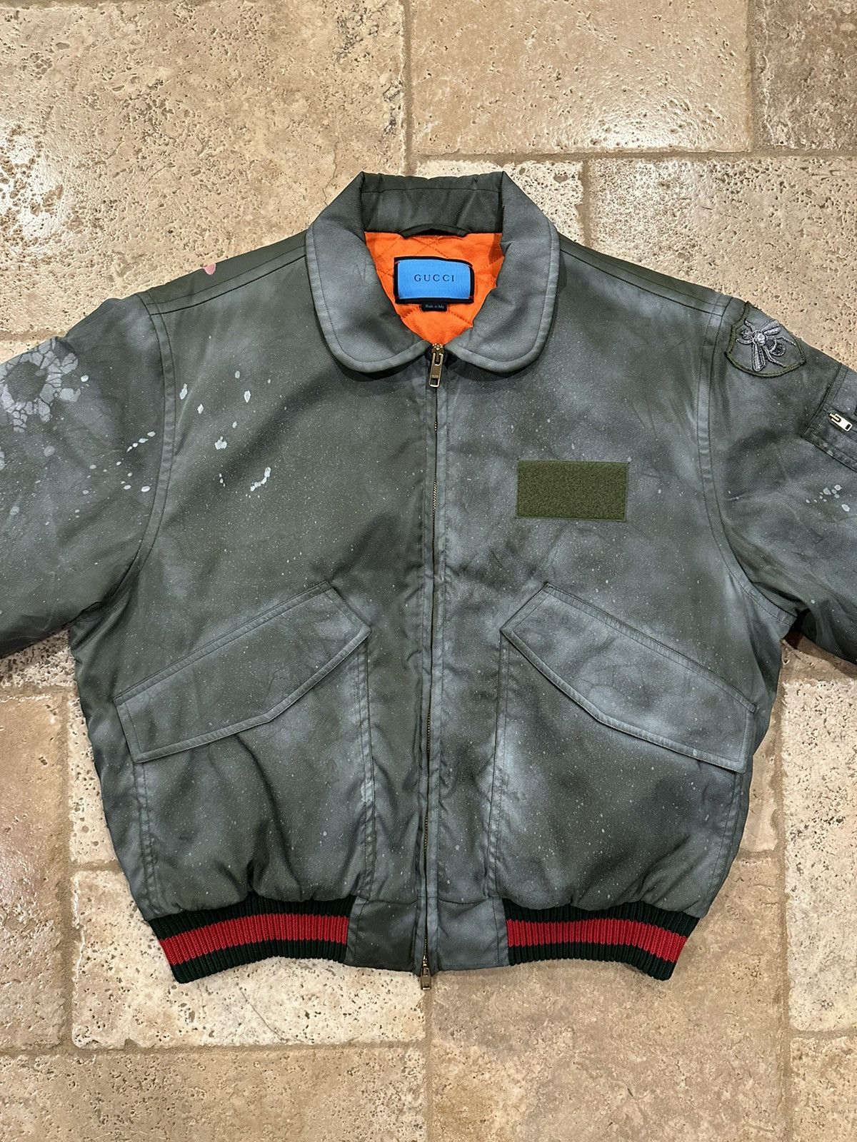 Gucci Hand Painted Ghost Bomber Olive Green Jacket