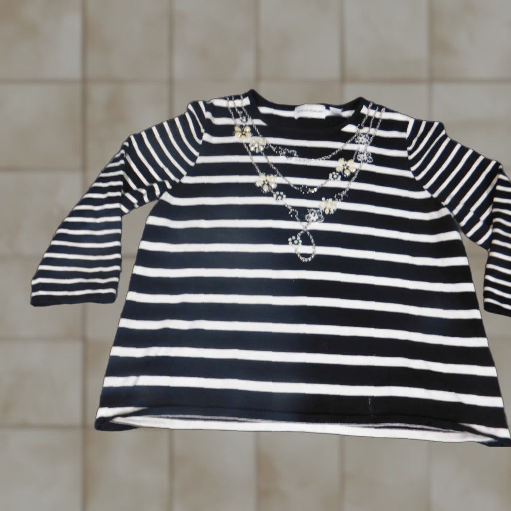 Vintage Alfred Dunner Womens Sweater L Black Striped Round Neck Long Sleeve Raglan Stretch Knit Pullover Size L / US 10 / IT 46 - 1 Thumbnail
