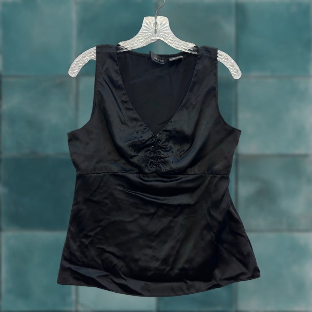 George VINTAGE Y2K Top Medium Black Satin Sequin Goth Fairy Cocktail Office Shirt Womens M Size M / US 6-8 / IT 42-44 - 1 Thumbnail