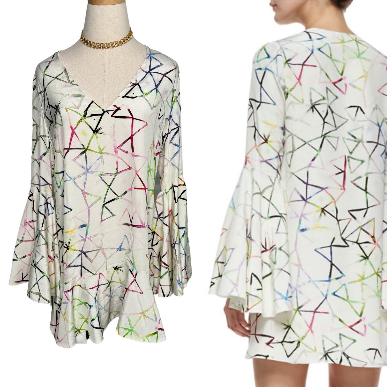 image of Alexis Giovanna Bell Sleeve 100% Silk Mini Dress Size L 8-10 in White, Women's