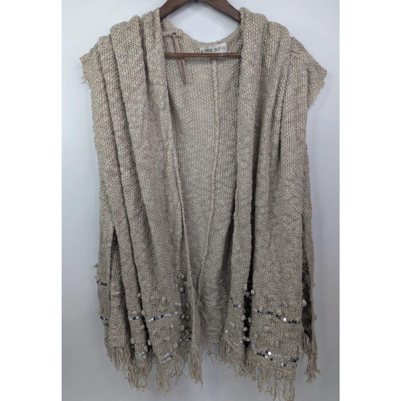 Vintage Knox Rose Bohemian Cardigan Open Sequin Fringe Drape Sweater Beige XL Womens Size XL / US 12-14 / IT 48-50 - 2 Thumbnail