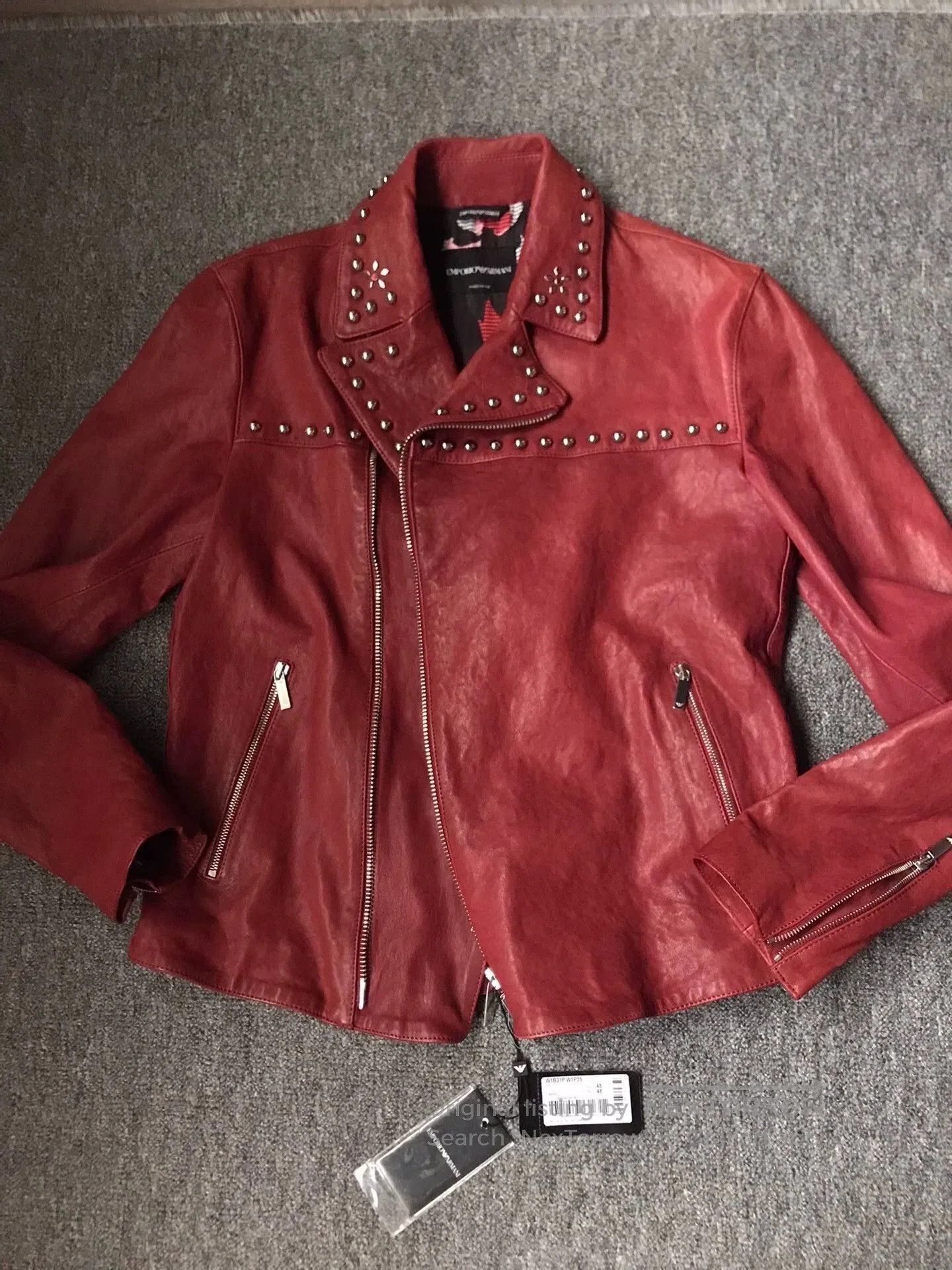 Emporio Armani Red Studded Leather Biker Jacket. Size US M / EU 48-50 / 2 - 3 Thumbnail
