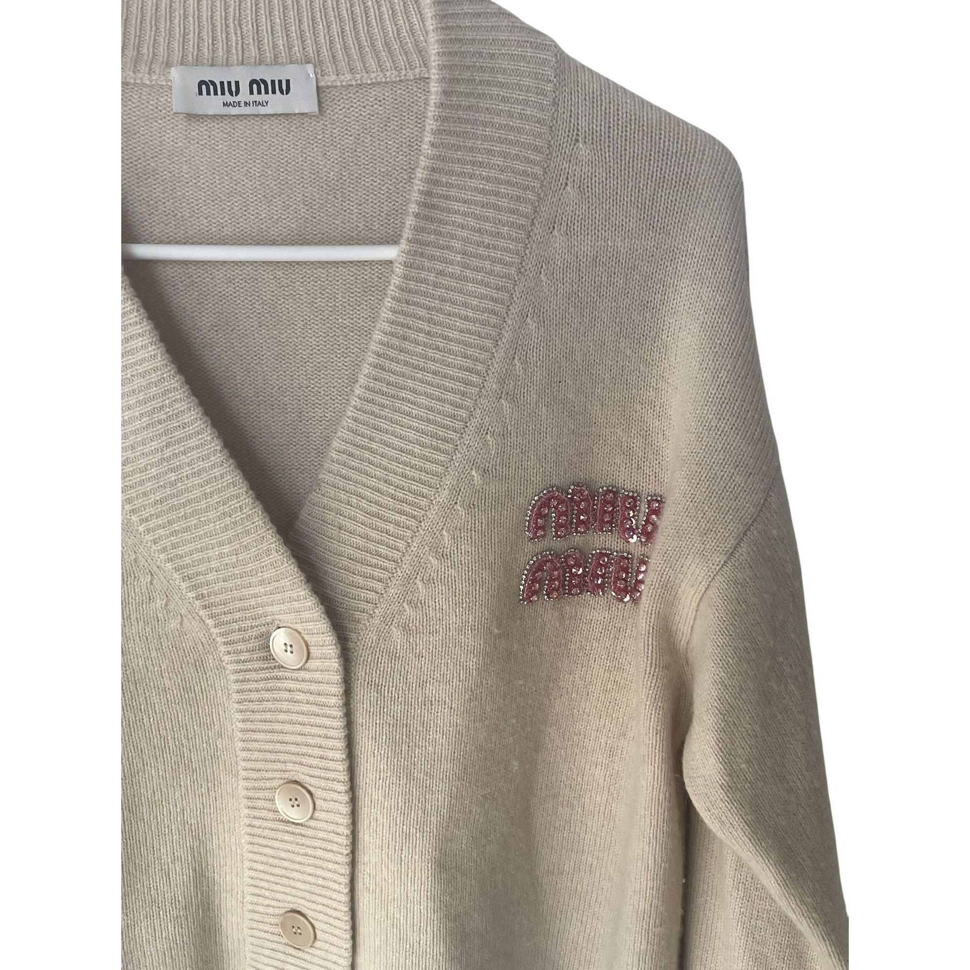 Miu Miu Miu Miu Beige Wool Button-Up Cardigan With Pink Crystal Logo Size XS / US 0-2 / IT 36-38 - 3 Thumbnail
