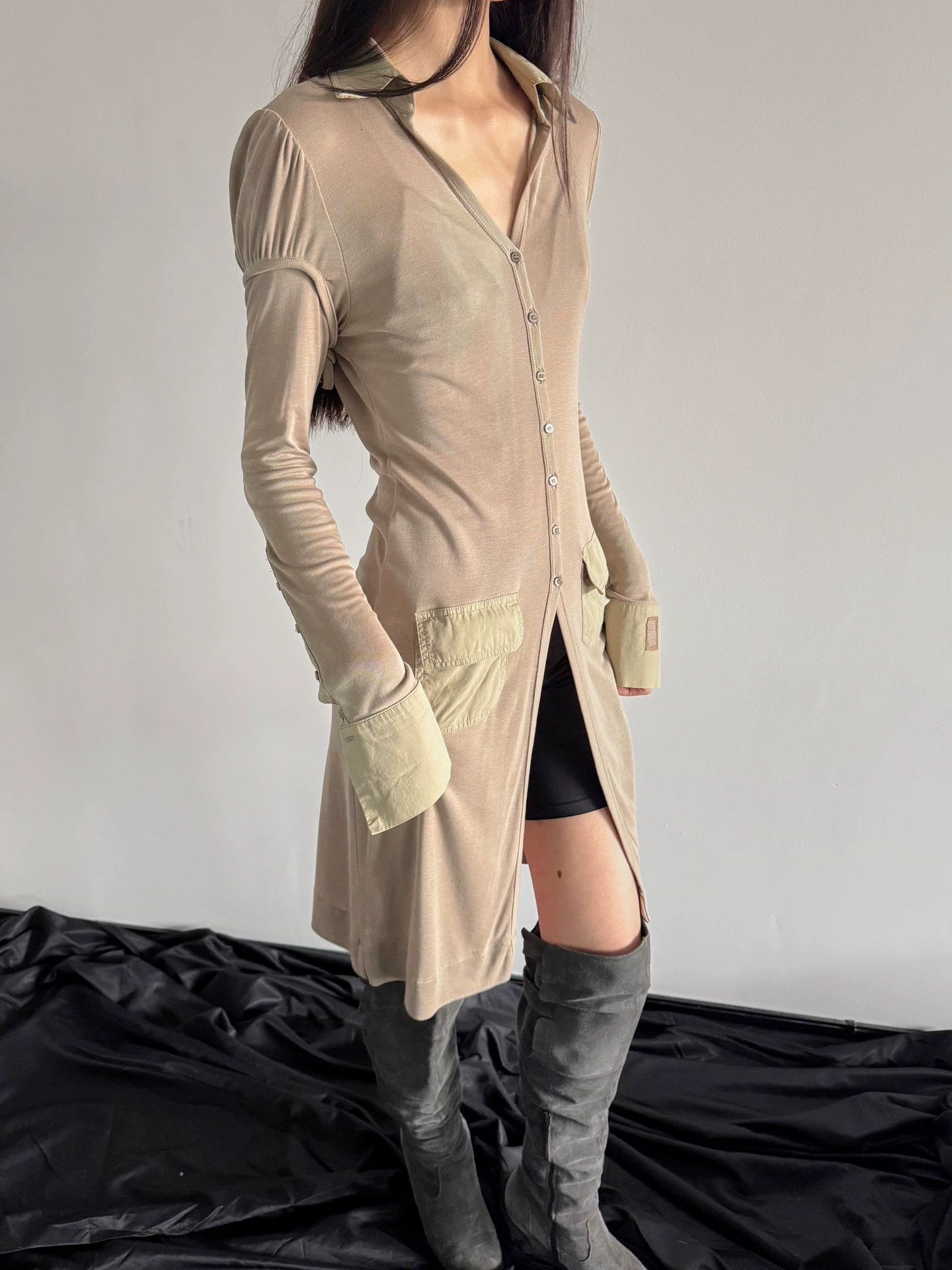 Vintage French Brand Stretch Drape Slim Long Shirt Jacket Size XS / US 0-2 / IT 36-38 - 7 Thumbnail