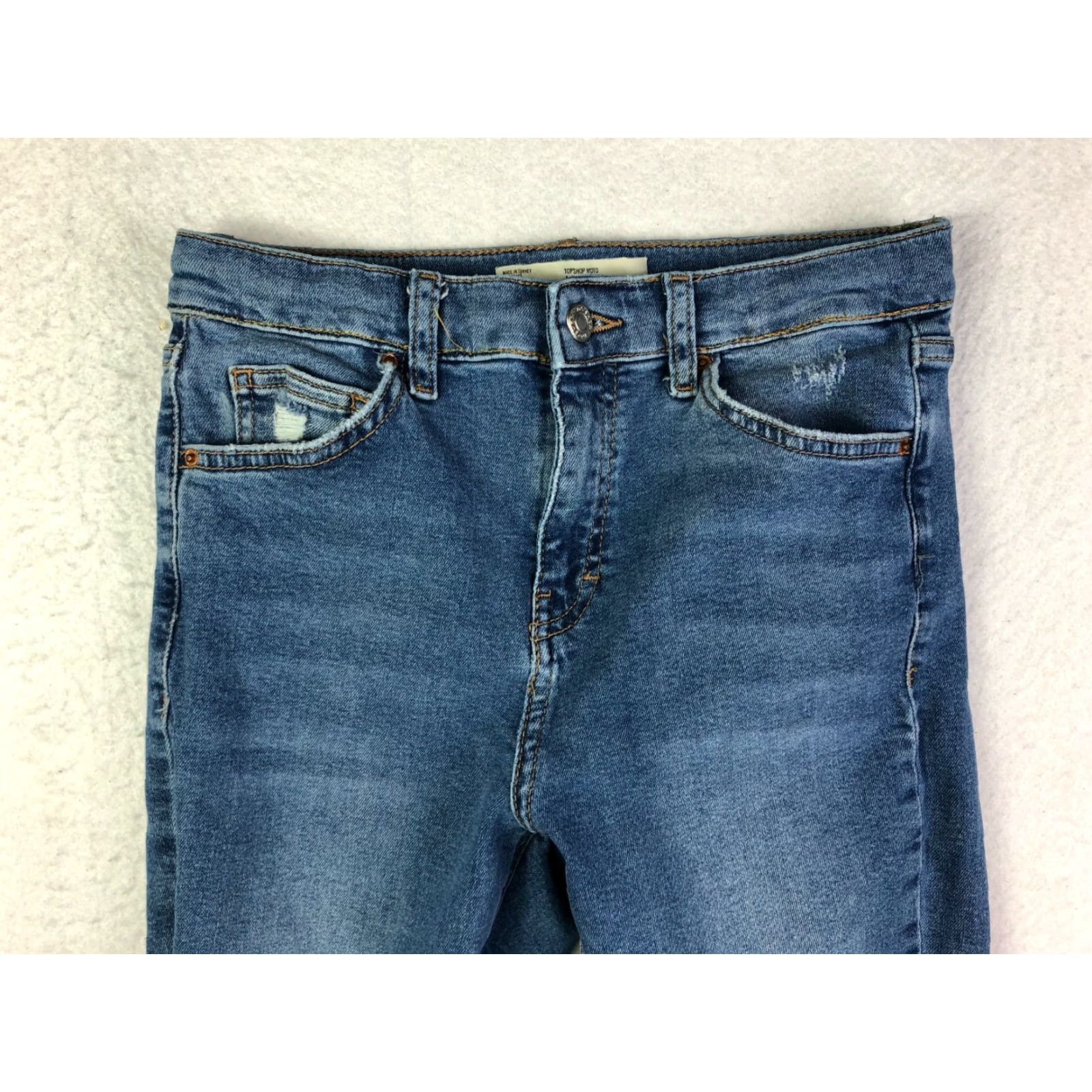 Topshop VINTAGE Top Shop Moto Jamie Juniors Jeans Distressed Blue Denim 26x24 Regular Zip Inseam 24.5 Mens Boys Size 4XL / US 24-26 - 3 Thumbnail