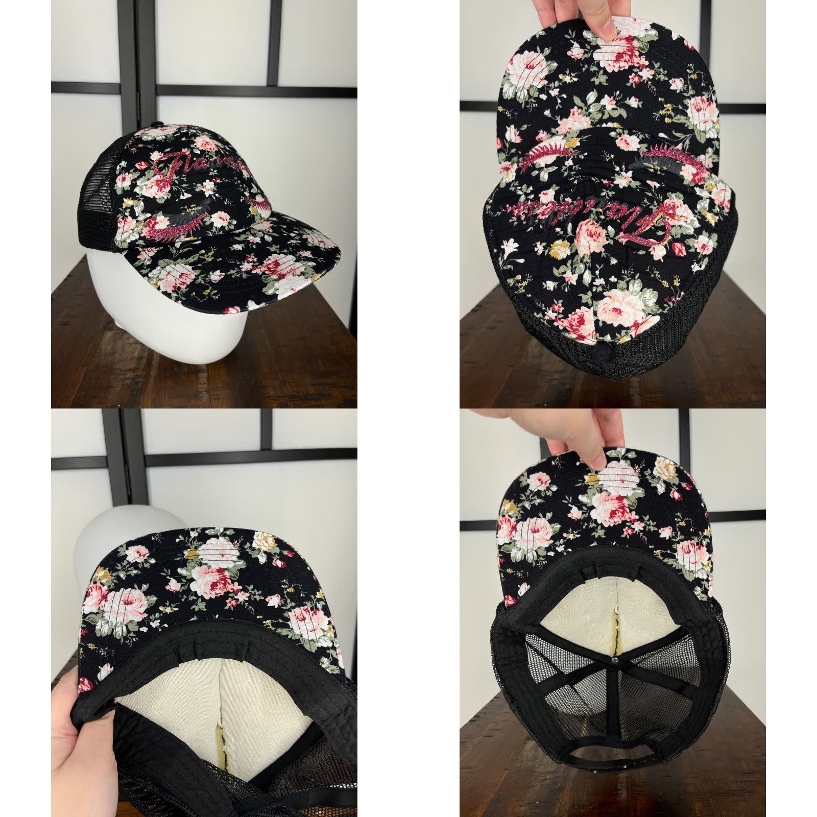 Pinko Womens One Size Hat Snap Back Black Pink Floral Glitter Trucker Polyester Size ONE SIZE - 8 Thumbnail